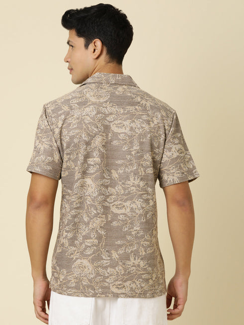 JOVEN Men Printed Casual Brown Oversized Half Sleeve Shirt